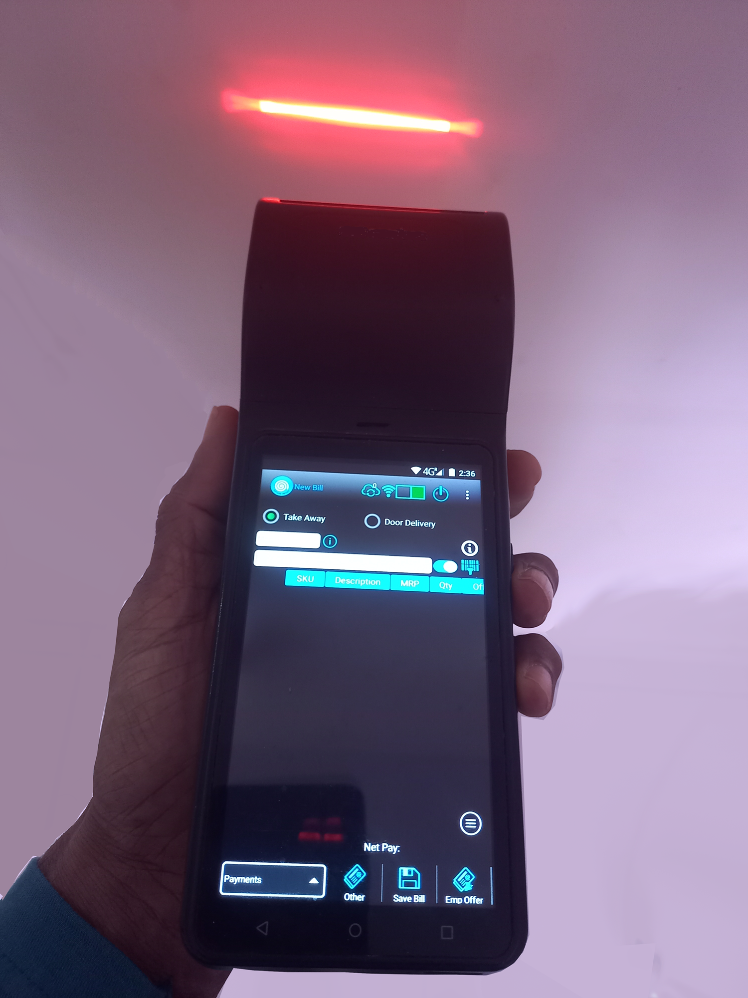 iMin Android POS device showing the Retail Clouds Omni Retailer Completed Bill screen, with a printed customer receipt attached to the device