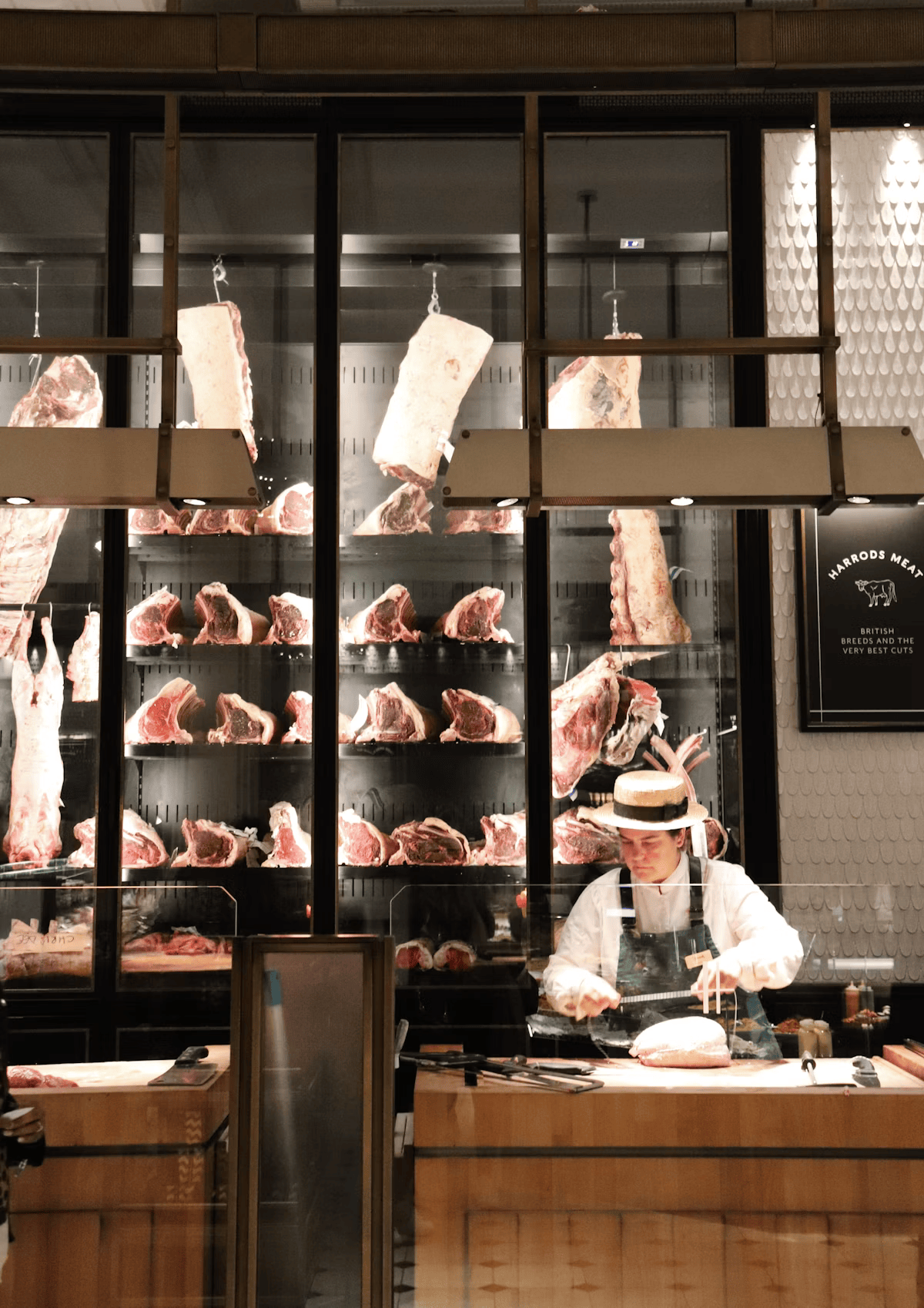 Raw meat cuts on a refrigerated display counter